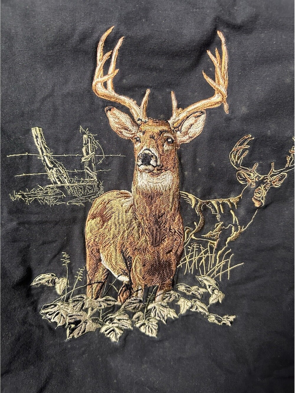 Mens Black Whitetail Deer Buck Embroidered Hunting Button Up Shirt Outdoors XL